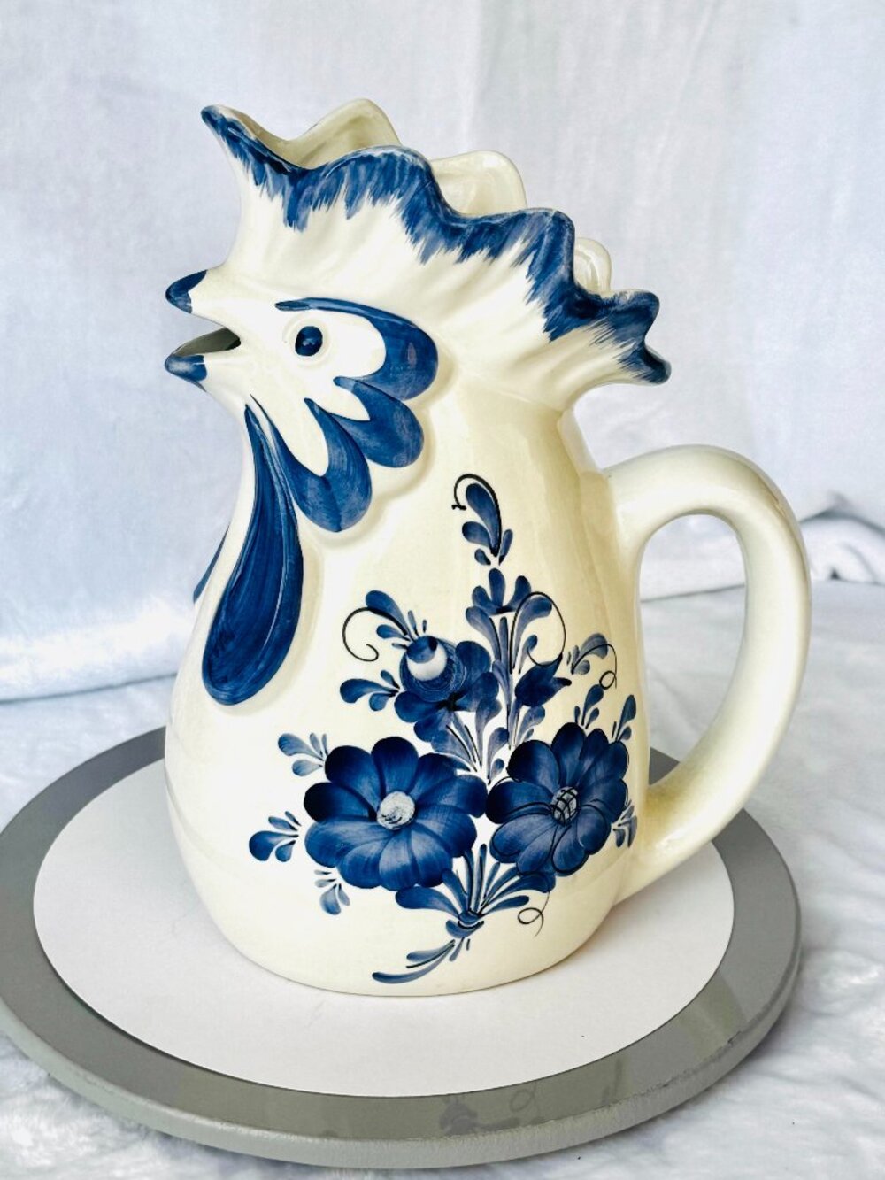 Vtg Hand Made Italian 10 " Blue White Rooster Pitcher Majolica Rivignano Fabbro